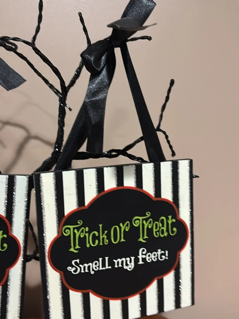 Halloween Trick or Treat Hanging tree with ornaments Black & White Stripe